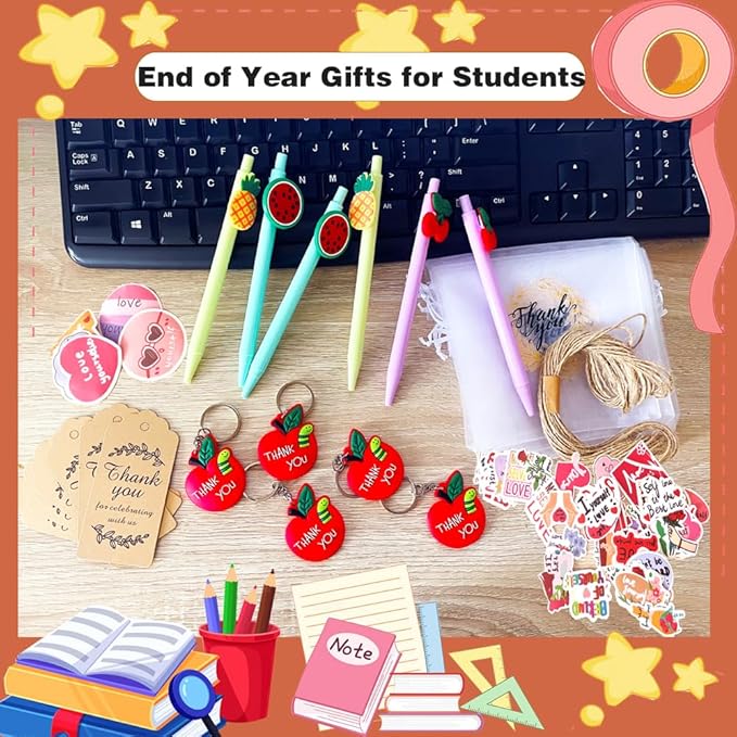 74 Set Student Gift Set 6 in 1 Multicoloured Ballpoint Pen Thank You Card Batch Keychain Inspirational Stickers Teacher Gifts for Classroom Birthday Party Supplies