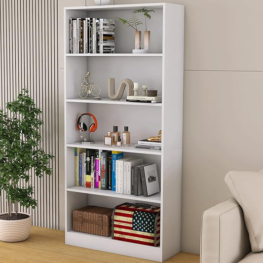 Bookshelves and Bookcases Floor Standing Tall Bookcase 5 Tier Display Storage Shelves Tall Bookcase Home Decor Furniture for Home Office(White 11.8" D x 31.5" W x 67.9" H)