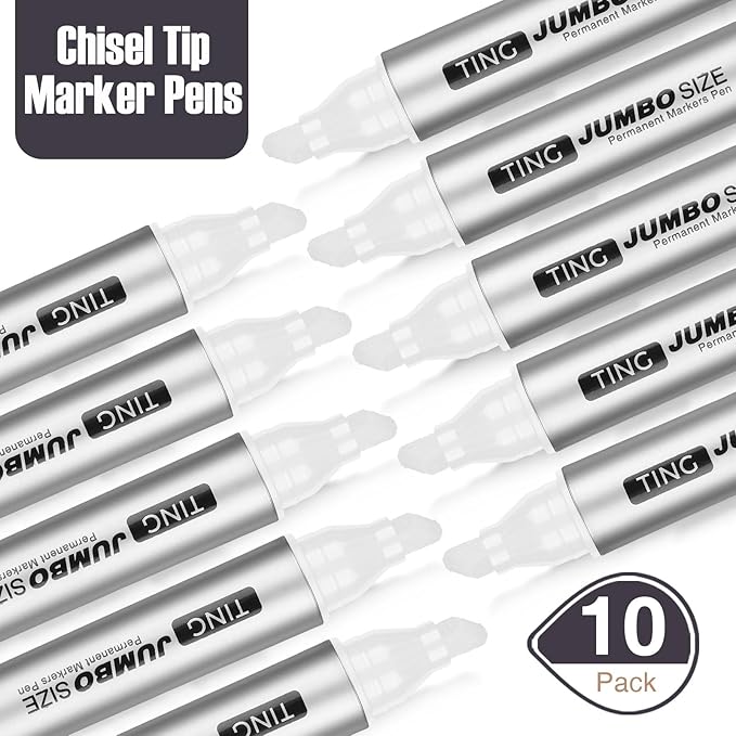 Fuutreo 10 Pack Jumbo Permanent Markers Bulk Large Chisel Tip Permanent Markers Quick Drying Big Huge Poster Pens for Office, Logistics Company and More(White)