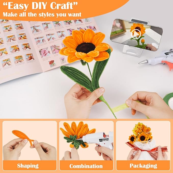 500 PCS Pipe Cleaners Craft Kit for Flower Making Sunflower DIY Material Bundle with 20 Stems, 100 Stamens, Ribbon, Tulle, Glue Sticks & Step-by-Step Guide Vibrant Colors, Non Shedding, FadeResistant