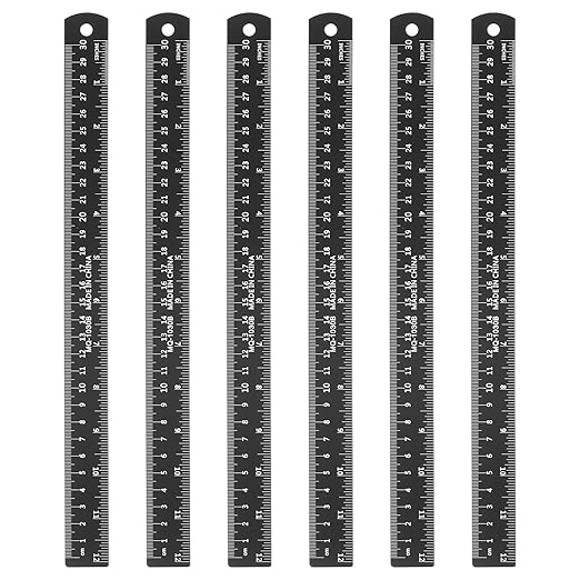 HARFINGTON 6pcs Metal Straight Ruler 30cm Metric SAE Aluminum Alloy Measuring Rulers Scale Tool with Hole for Measure Study Reading Classroom Office, Black
