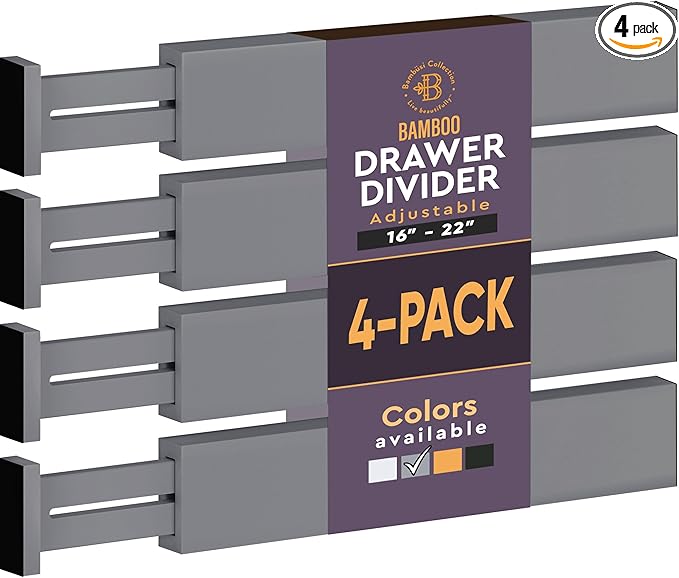 4 Pack Drawer Dividers Bamboo 2.6" High, 16-22" Adjustable Drawer Organizers for Clothes, Expandable Dresser Separators in Bedroom/Bathroom/Kitchen/Office Organization and Storage (Grey)