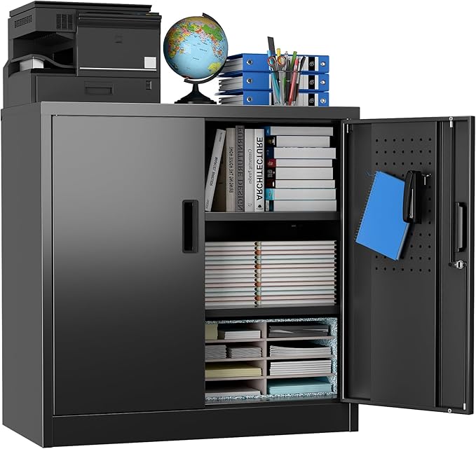 Aobabo 31.5" H Small Garage Storage Cabinet with Pegboard,Lockable File Storage Cabinet with 2 Adjustable Shelves for Garage, Office, School, Assembly Require, Black