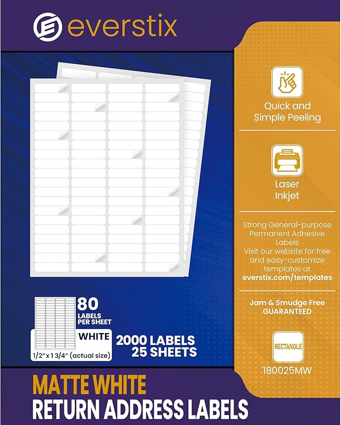 1/2" x 1-3/4", 25 Sheets, 2000 Return Address Labels for Laser & Inkjet Printers, Letter Size