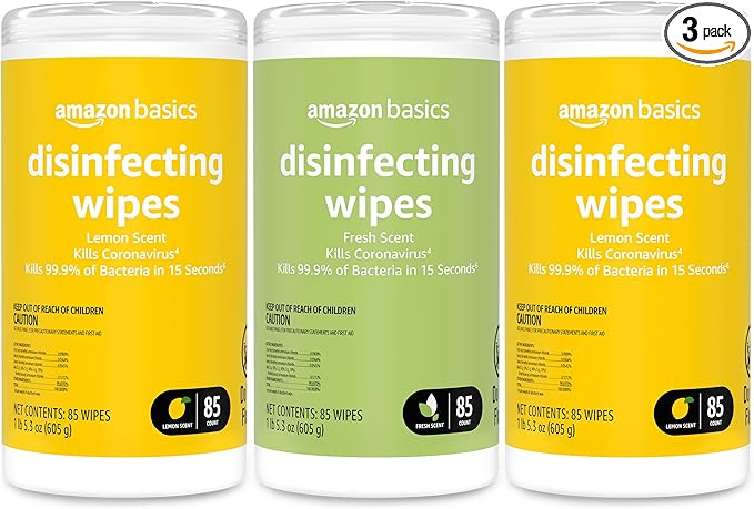 Amazon Basics Wipes, Lemon & Fresh Scent, Sanitizes, Cleans & Deodorizes, 255 Count (3 Packs of 85)