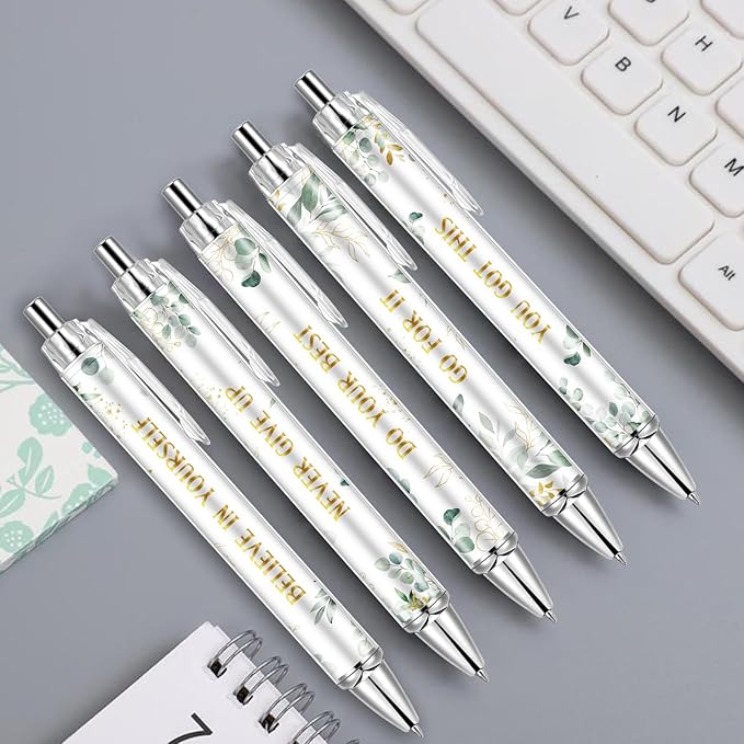10PCS Inspirational Ballpoint Pen Green Eucalyptus Leaves Ballpoint Pen Employee Appreciation Gift Bulk Motivational Pens Black Ink Pens Set for School Teacher Office Employee Party Favors