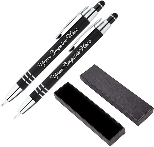 ExpressDesigns™ - Personalized Pens Gift Set - 2 Pack of | LED Flashlight Soft Touch Metal Pens w/gift box | Luxury Ballpoint Pen Custom Engraved with Name or Message | Light Up Pens (Black)