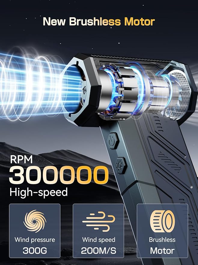 Electric Air Duster, 300000RPM 4-Gear Adjustable Compressed Air Duster with Light, Rechargeable Brushless Motor Air Blower for Keyboard, PC, Car, and Home Cleaning Reusable Replaces Compressed Air Can