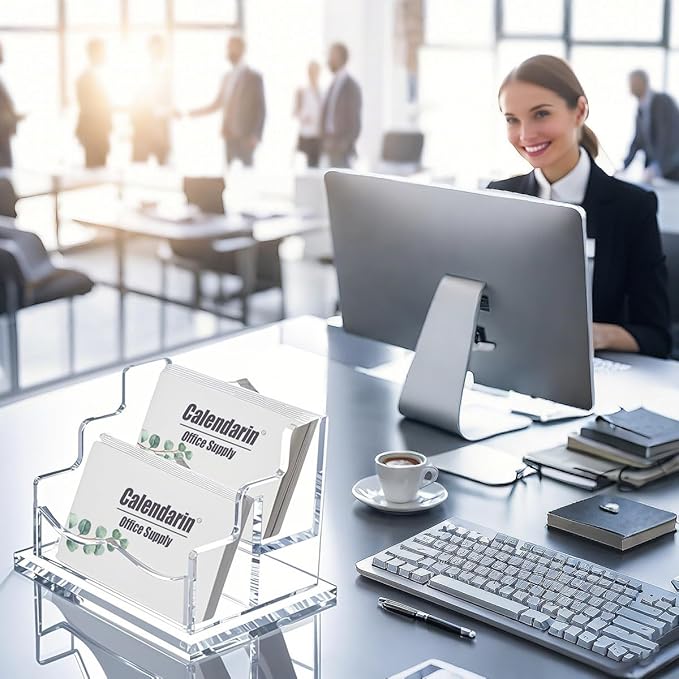 Acrylic Business Card Holder for Desk, Clear Business Name Card Display Card Organizer, Morden Desk Accessory Supply for Office, Horizontal, 2-Slot