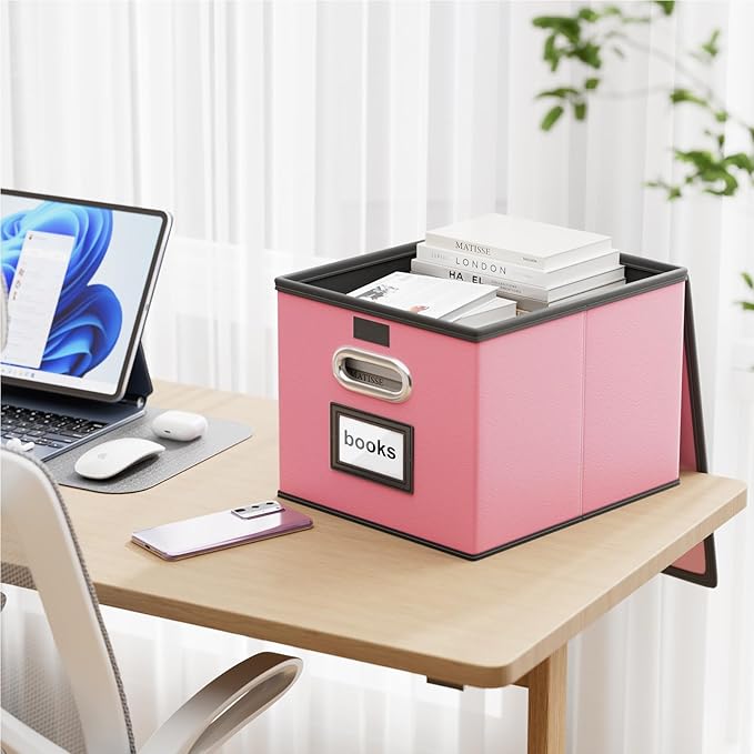 Huolewa Portable Leather File Organizer Storage Boxes, Collapsible File Folder Organizer Boxes with Lids, Document Organizer, Decorative Filing Box Cabinet for Letter/Legal File Folder Storage