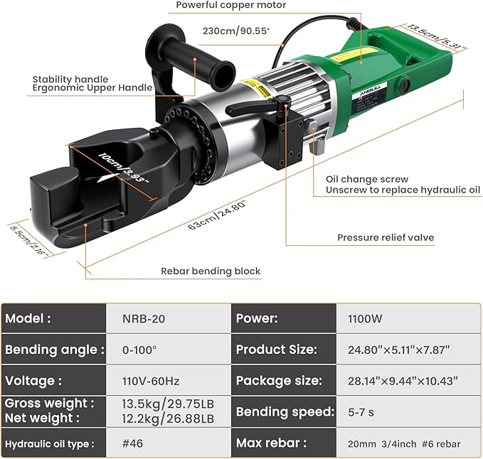 Anbull 1100W Electric Rebar Bender,Hydraulic Rebar Bending Machine Bending up to 3/4 Inch #6 20mm Rebar, Rebar Bending Angle 0-100 Degrees