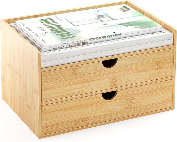 Bamboo Desk Organizer with Drawers Desktop Storage Drawers for Bills Office Supplies Kitchen Utensils Organizing Tool for Home Classroom Organization No Assembly (Nature 2 Drawer)
