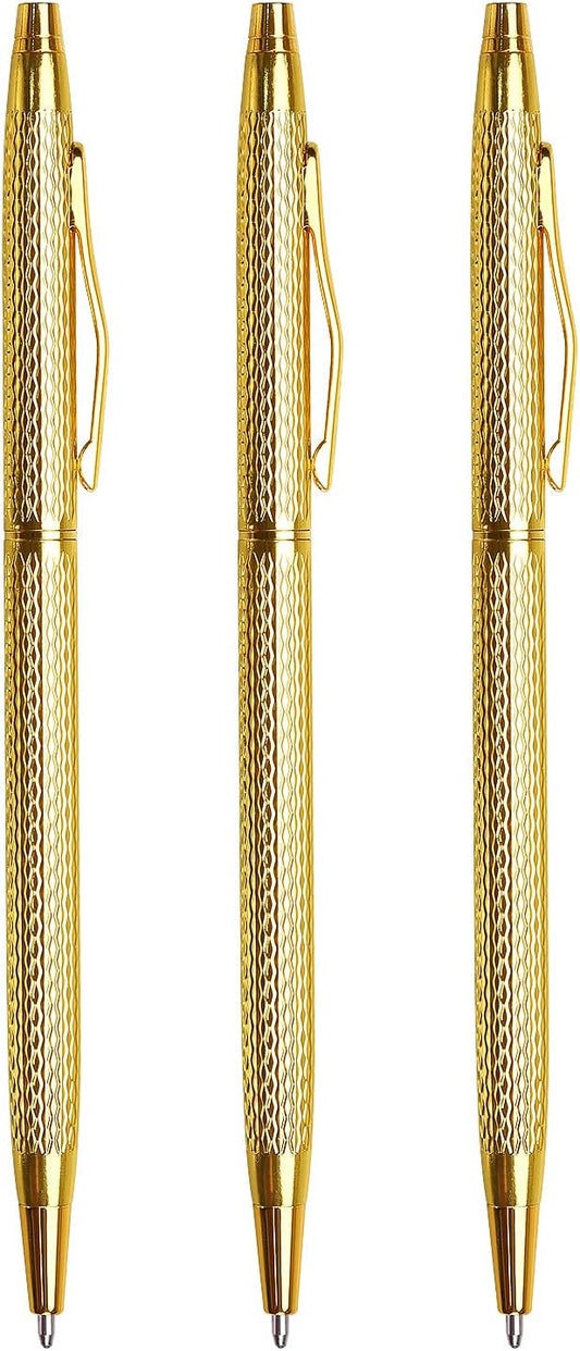 3 Pack Slim Metallic Retractable Ballpoint Pens Black Ink, Nice Gift for Business Office Students Teachers Wedding Christmas (Gold)