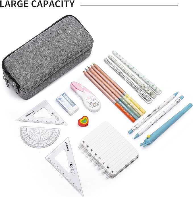 Big Capacity Pencil Pen Case Nylon Large Pencil Pouch Simple Stationery Bag Office Organizer Pen Bag for Men Women - Grey
