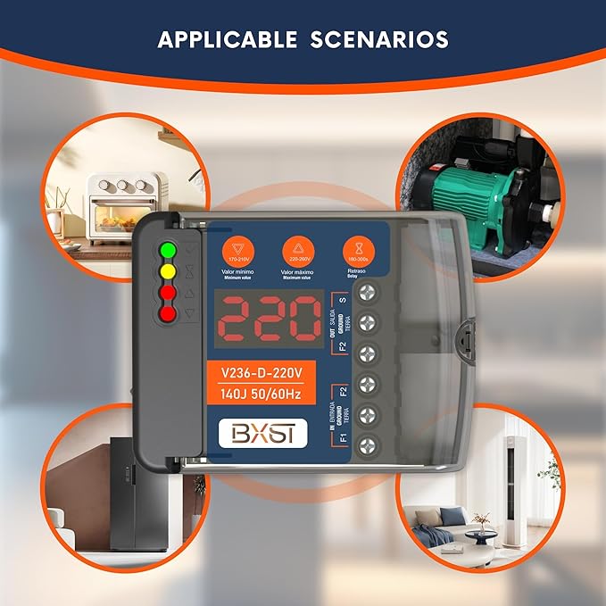 BXST Heavy Duty Wiring Surge Protector with LED Display Adjustable Voltage & Delay Protection, 220V, 30A, 6600W Max, 140J Surge Protection for Refrigerators, Air Conditioning, Motors, Pumps