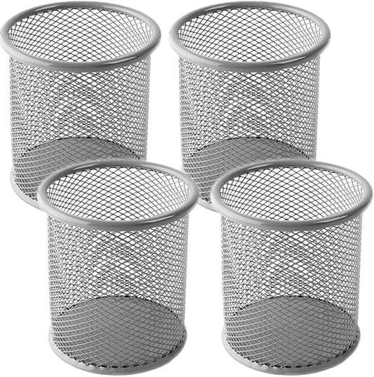 Ameceres 4 Packs Wire Mesh Pencil Holder Metal Pen Cup Desk Pen Organizer Case Pencil Jar Black for Office Home (Silver)