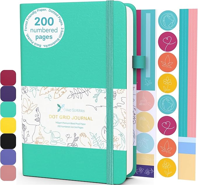 Dotted Journal – 140gsm Bleed Proof Thick White Paper – 200 Numbered Dot Grid Notebook Pages – Lay Flat Binding a5 Dotted Notebook with 3 satin Bookmarks and Expandable Back Pocket