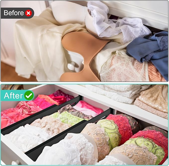 Bamboo Drawer Dividers Organizer with Inserts, Expandable from 12.5-21.7", Adjustable Drawer Organizer Separators for Utensils, Dresser, Bedroom, Bathroom, Closet, Clothing, Office (Black)