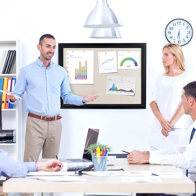 Bulletin Board Cork Board with Linen, 100% Wood Framed 18" x 24" Bulletin Board Decorations, Pin Boards for Walls, Wall Mounted Fabric Picture Board with 10 Pushpins for School, Home & Office, Black