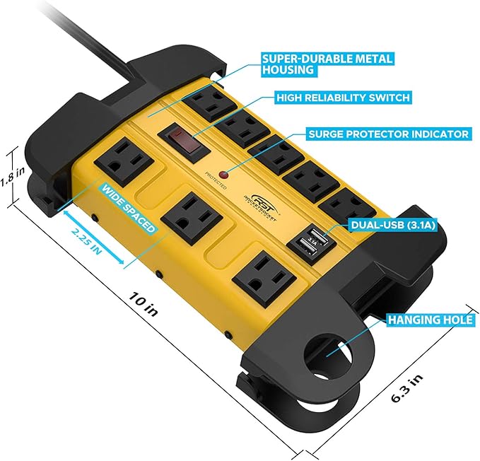 Heavy Duty Power Strip Surge Protector with USB,CRST Metal Power Strip with 2 USB 15 A 1875W, 15-Foot Long Cord 1350 Joules for Home, Kitchen, Office, School, ETL Listed… Yellow