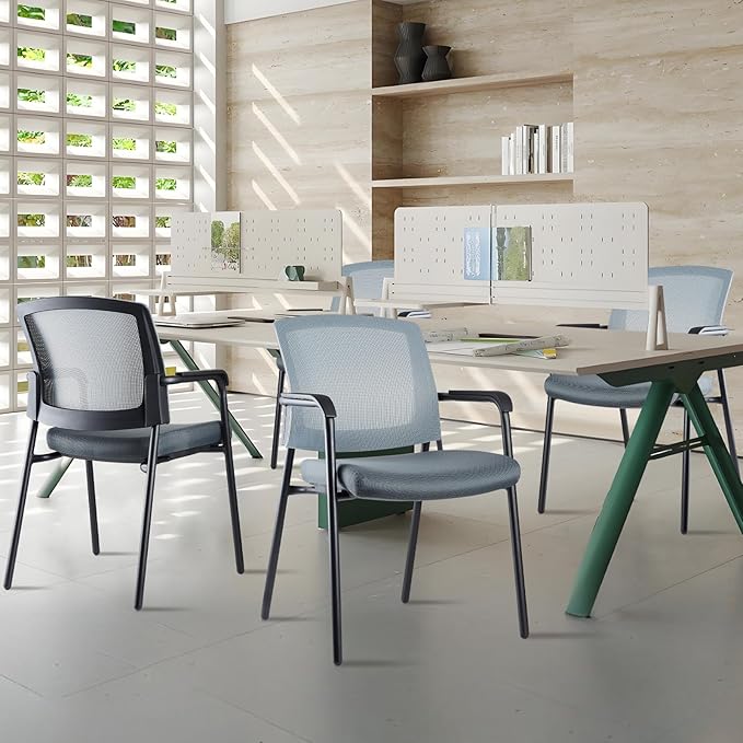 CLATINA Office Reception Guest Chair Mesh Back Stacking with Ergonomic Lumbar Support and Thickened Seat Cushion for Waiting Conference Room Gray 4 Pack