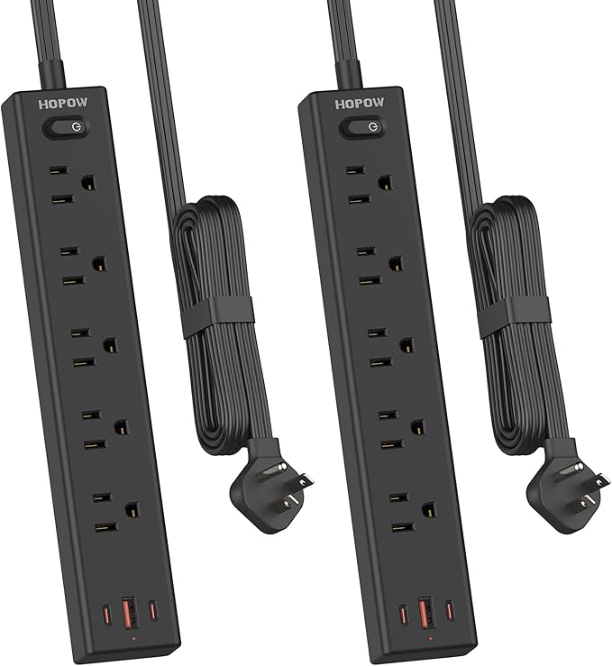 Flat Plug Power Strip, 2 Pack, 6 Ft Ultra Thin Flat Extension Cord, Surge Protector with 5 Outlets & 3 USB Ports (2 USB C Slots), 1700 Joules, 3-Prong, Wall Mount for Home Office Dorm, Black