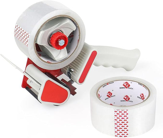 BOMEI PACK Heavy Duty Packaging Tape Dispenser, 2 Inch Tape Gun with Clear Tape, 1 Dispenser + 2 Rolls
