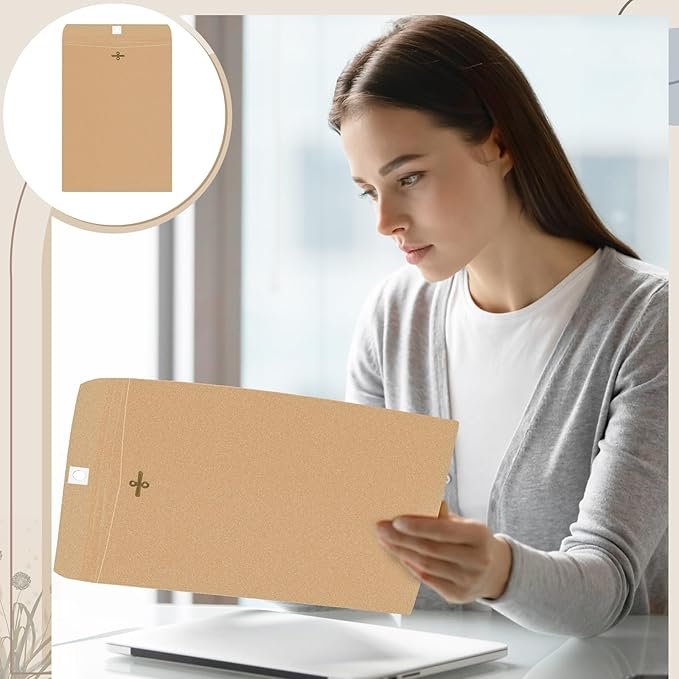 Geyee 100 Pcs Clasp Manilla Envelopes 9 x 12 Inch Gummed Colored Envelopes for Storing or Mailing for Home Office Business Supplies(Brown)