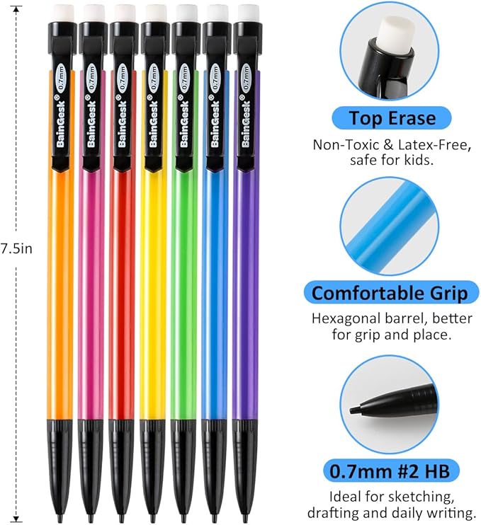 BainGesk Mechanical Pencils, 0.7mm Medium Point, HB #2 Lead, 210 Pack Bulk Mechanical Pencils and 48 Tubes Refills, Assorted Colored Barrels, Office School Supplies