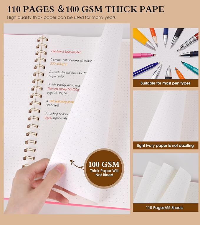 Dotted Notebook, Spiral Notebook Journal 8.5” x 11”, A4 Large Dot Grid Notebooks for Women Men, 100 GSM Dotted Paper, Plastic Hardcover Spiral Bullet Journals for Work School Sketching, Pink