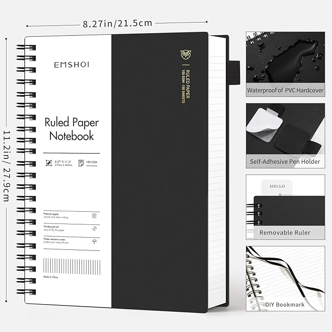 EMSHOI A4 Spiral Notebook Lined Journal, 11.2" X 8.27", 300 Pages/150 Sheets, 100gsm Thick Paper, Waterproof Softcover, Twin-Wire Binding, for School Work Writing Note Taking-Black