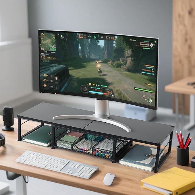 Dual Monitor Stand Riser, Desk Organizer with Drawer, Office Desk Organizers and Accessories, Office Workspace Organization, Computer Monitor Stand for Laptop, Printer (Black)