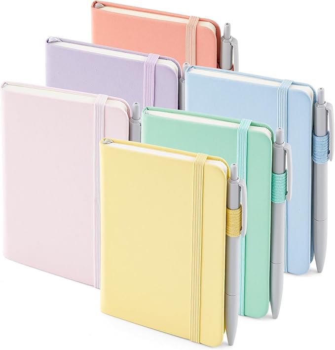 feela 6 Pack Pocket Small Notebooks Bulk, Mini Cute Memo Notepads Hardcover College Ruled Lined Journals with Pen Holder for Women Girls Office School, with 6 Black Pens, 3.5”x 5.5”, A6, Pastel Colors