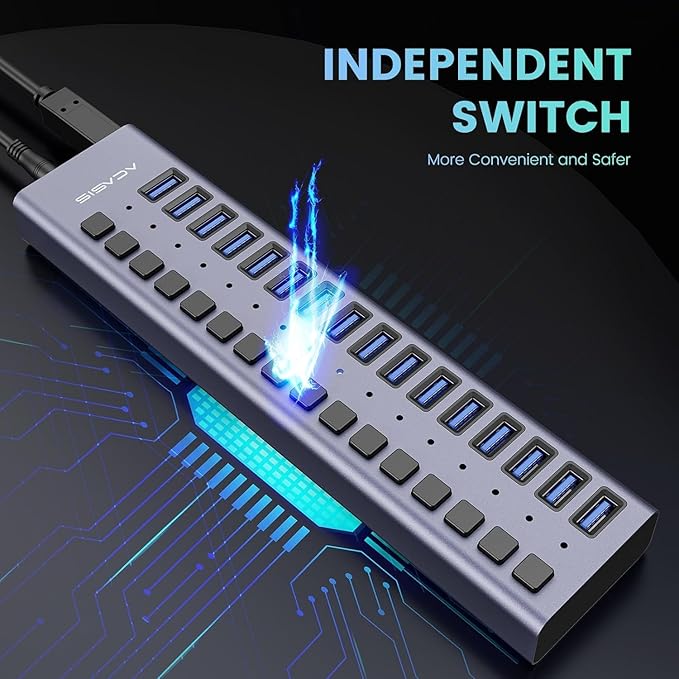 90W Powered USB Hub - ACASIS 16 Ports USB 3.0 Data Port, Aluminum Housing, Individual On/Off Switches, 12V/7.5A Power Adapter, USB Splitter for Laptop, PC, Computer, Printer