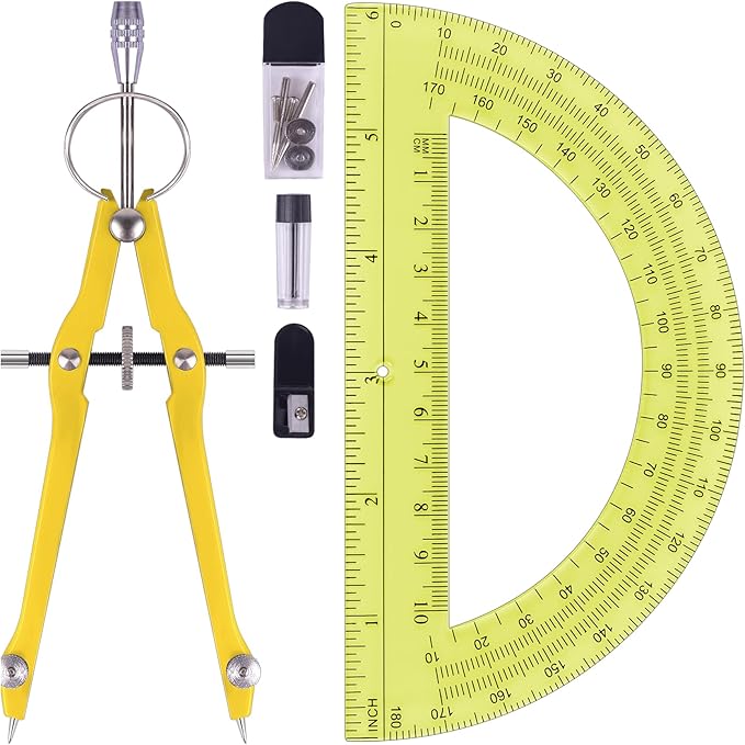 Compass and Protractor Set, Professional Drawing Compass Tool, Metal Compass with Extra Refills, Compass for Geometry and 6 Inch Math Protractors 180 Degree (Yellow)