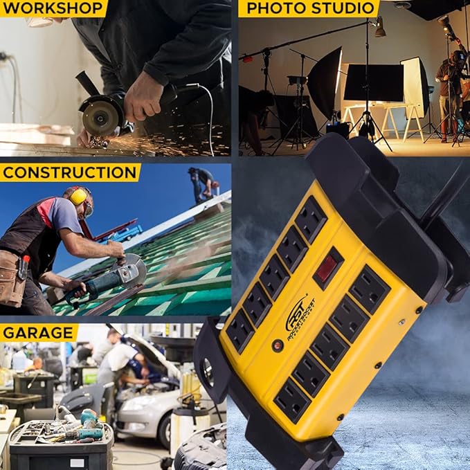 CRST 10-Outlets Heavy Duty Power Strip Metal Surge Protector with 15 Amps, 15-Foot Power Cord 2800 Joules for Garden, Kitchen, Office, School, ETL Listed(3165047) (10-Outlet, Yellow)