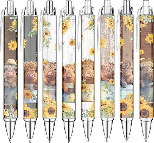 Idealmuzik 8 PCS Cute Highland Cow Print Pens, Cow Lovers Gifts, School Office Supplies, Gifts for Women Girls Teen Christmas New Year