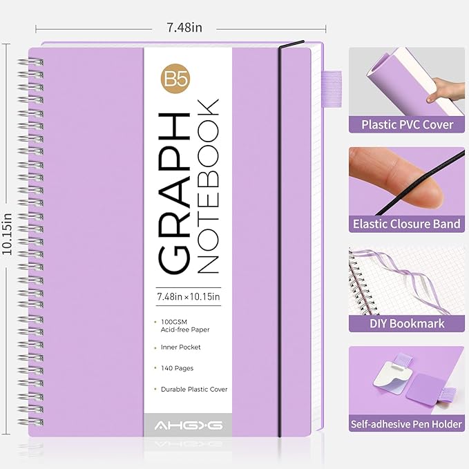 AHGXG Graph Paper Notebook - Spiral Notebook Journal 7.6" x 10", B5 Large Graph Notebook, 140 Pages, 100 gsm Thick Grid Paper, Waterproof Plastic Cover, for School Writing Engineering, Purple