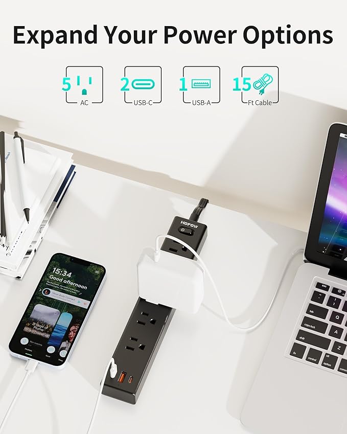 Flat Plug Power Strip, 15FT Ultra Thin Flat Extension Cord, Surge Protector with 5 Outlets & 3 USB Ports (2 USB C), 1700 Joules, 3-Prong, Wall Mount for Home Office Dorm, Black
