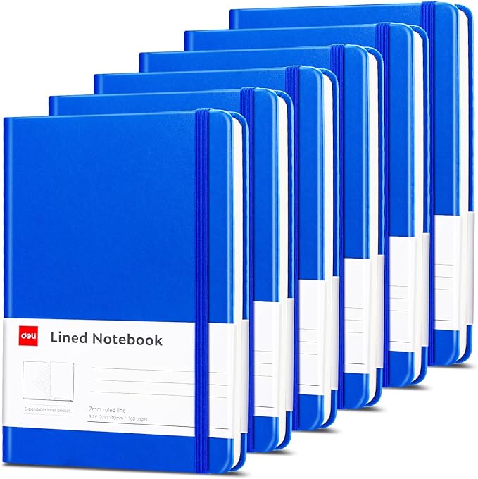 deli 6-Pack Blue Lined Journal Notebook, 160 Pages Hardcover Writing Notebook, A5 (5.5"x8.2") College Ruled Notebook for Office, School, Work Notes