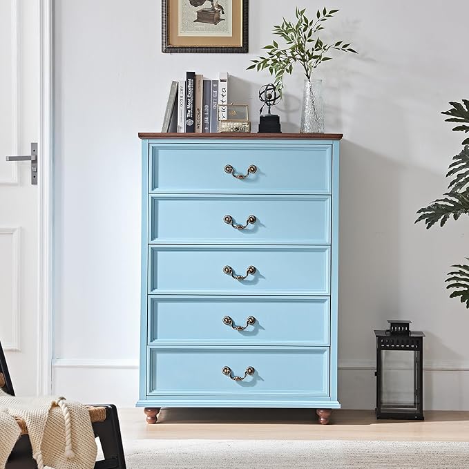 Farmhouse 5 Drawer Dresser Set of 2 for Bedroom, 45" Tall Vintage Chests of Drawers w/ 4 Solid Wood Feet, Mid Century Rustic Closet Storage Dressers Organizer for Living Room, Light Blue