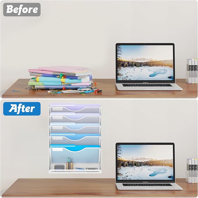 6 Tier Hanging File Organizer, Mesh Wall File Holder Paper Folder Rack with Bottom Flat Tray for Office Home, White