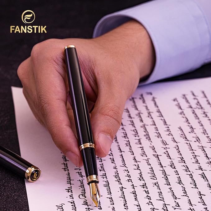 Customized Black & Gold Luxury fountain pen (Made In USA) fancy gift set for women, Real 24K Gold Plating, Professional executive pen gift set for men (Lux Custom-fountain Black-Gold)