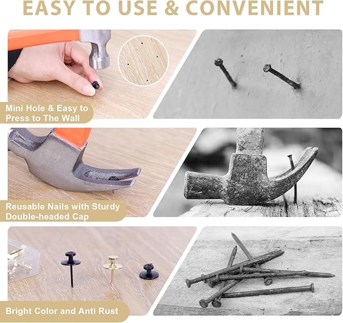 50 PCS Thumb Tacks for Wall Picture Hangers, Double Headed Picture Hanging Nails Kit, Push Pins Wall Hooks, Renter Friendly Decor Thumbtacks for Tapestry Frame Art Photos(Black &Gold)