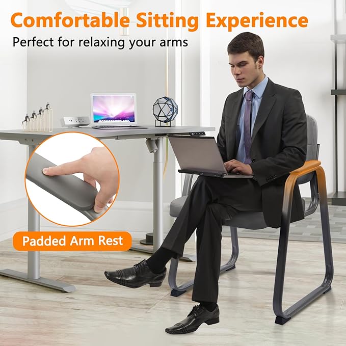 CLATINA Waiting Room Guest Chair with Bonded Leather Padded Arm Rest for Office Reception and Conference Desk Black with Sled Base Grey 2 Pack