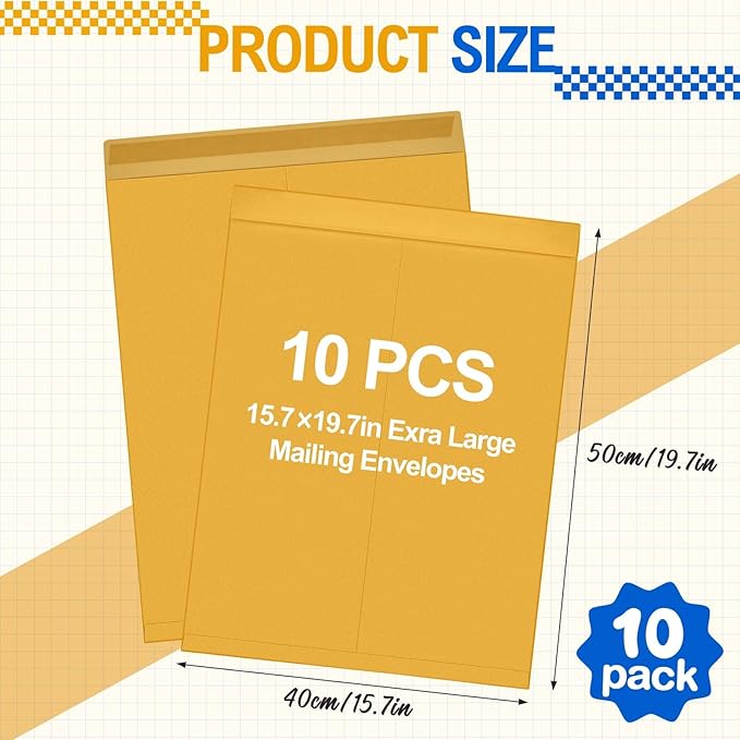 10 Pcs 16 x 20 Inch Extra Large Mailing Envelopes 32lb with Gummed Flaps, Catalog Envelopes Jumbo Craft for Mailing, Storage and Organizing Documents Office Supplie