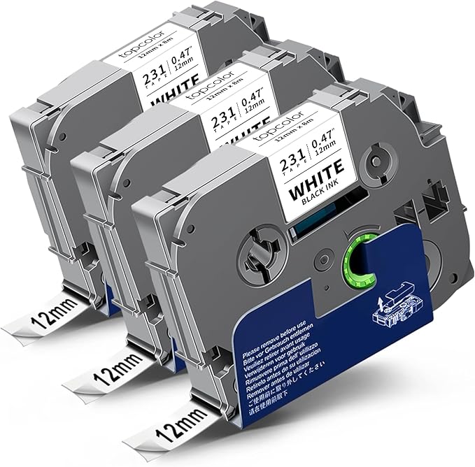 3-Pack 12mm 0.47" Black on White Label Maker Tape Compatible for Brother PTouch Tape 12mm 0.47 White Tze-231 Tz231 Tze Tz 12mm 1/2" Laminated for PT-D210 PT-D202 PT-D220 PTD410 PTD600 PTD400