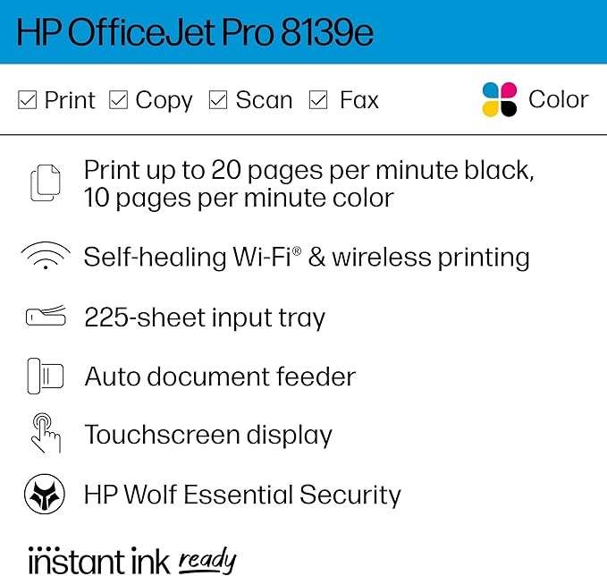 HP OfficeJet Pro 8139e Wireless All-in-One Color Inkjet Printer, Print, scan, Copy, fax, ADF, Duplex Printing Best-for-Home Office, 1 Year Instant Ink Trial Included