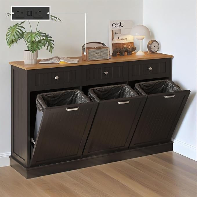 30 Gallon Tilt Out Trash Cabinet, Wooden Kitchen Trash Can Cabinet with Hideaway Drawer, Freestanding Laundry Hamper Garbage Recycling Cabinet on Wheels, Pet Proof, Triple, Black