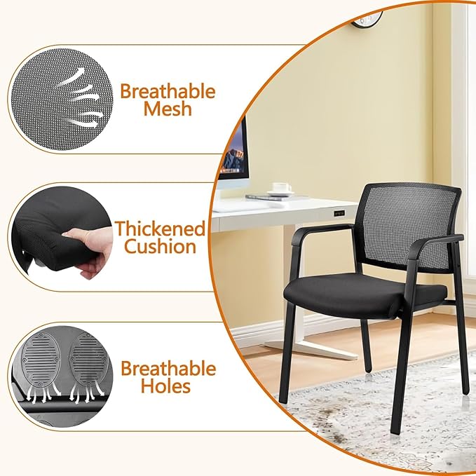 CLATINA Mesh Back Stacking Arm Chairs with Upholstered Fabric Seat and Ergonomic Lumbar Support for Office School Church Guest Reception Black 8 Pack Set New Version